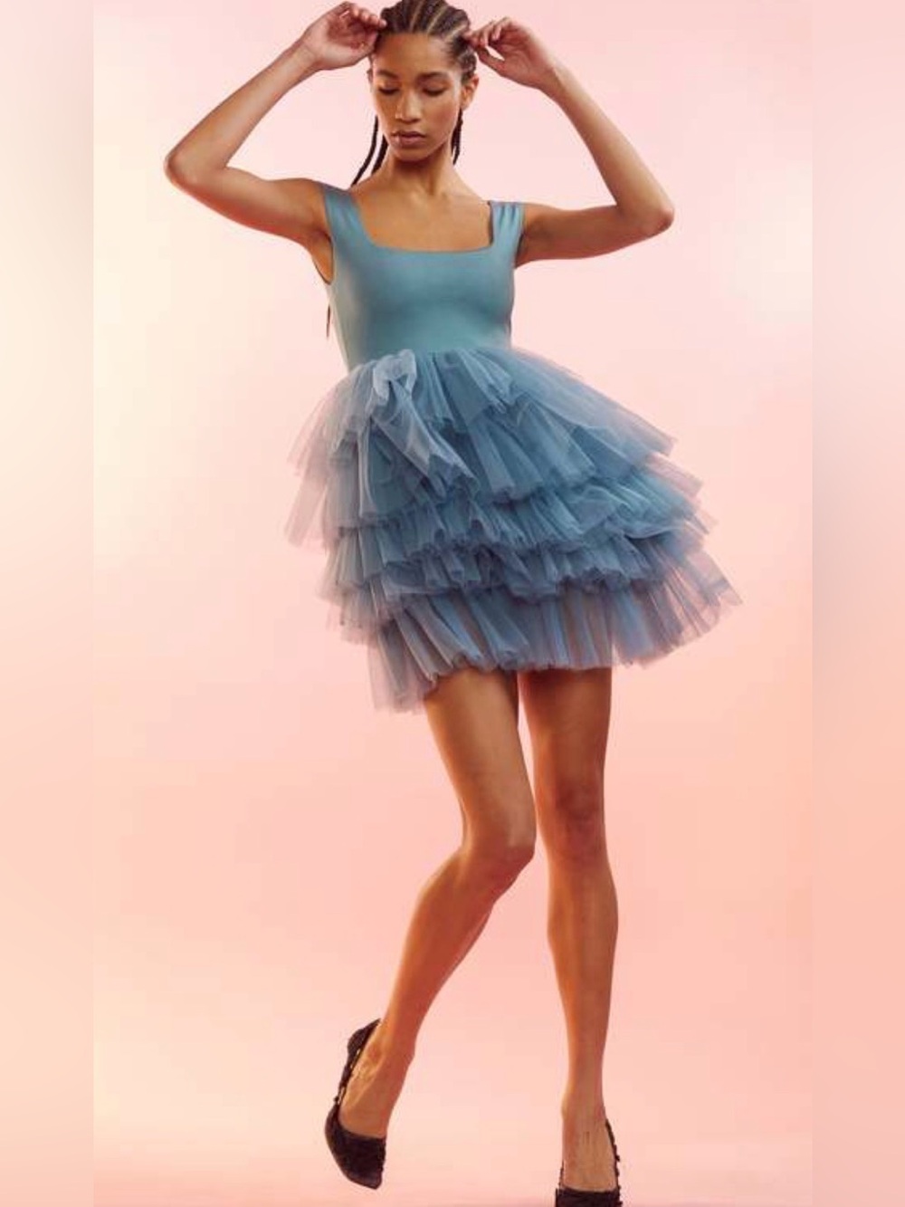 Cynthia Rowley The Carrie Dress in Dusty Blue Tiered Tulle Mini Size Large